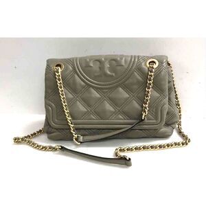 $475 Tory Burch "Fleming" Gray Quilted Leather Shoulder Bag & Chain Strap